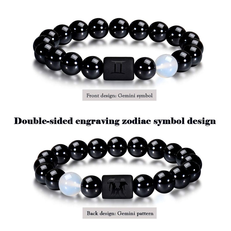 VLINRAS Zodiac Gemini Bracelet for Men Father's Day Gemini Gifts Natural Black Onyx Stone Zodiac Charm Bracelet Constellation Horoscope Jewelry - Image 2